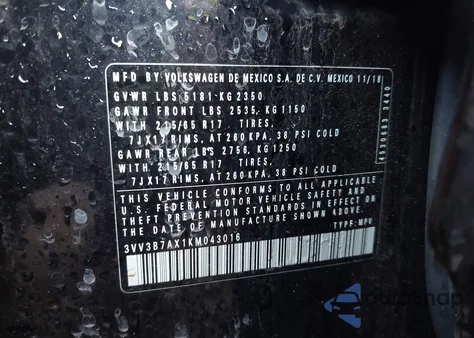 2019 Volkswagen Tiguan 2.0T Se/2.0T Sel/2.0T Sel R-Line/2.0T Sel R-Line Black из США, поврежденный, VIN 3VV3B7AX1KM043016